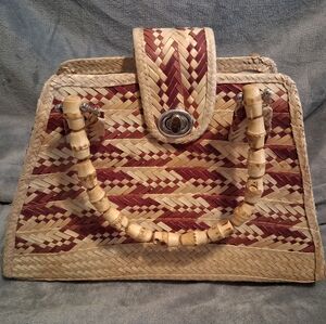 Woven Straw Purse Bamboo Handle Turn Lock Vintage